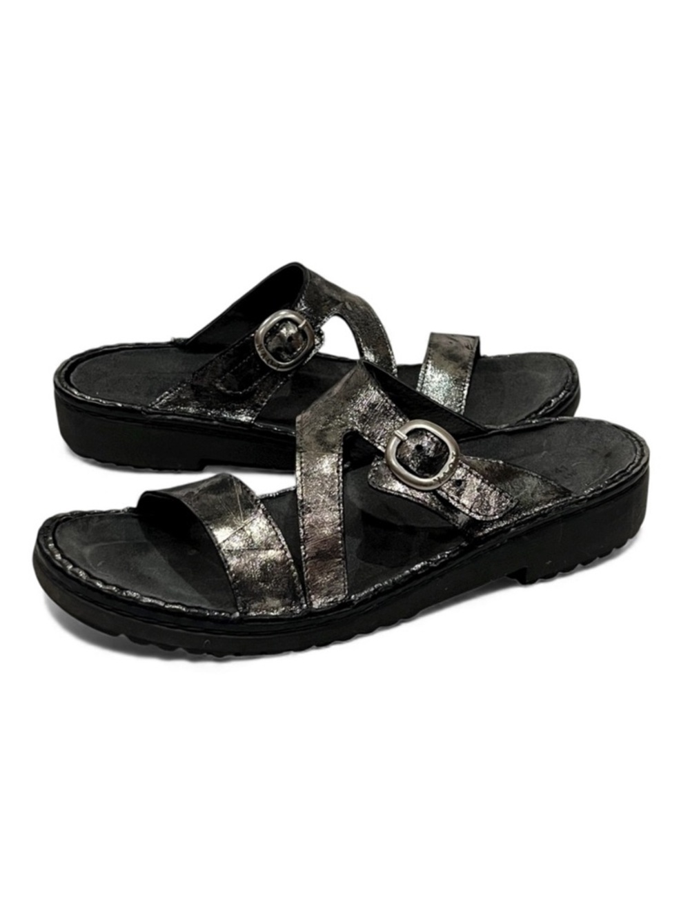 Naot Geneva Silver Metallic Black Onyx Leather Sandals Size 41